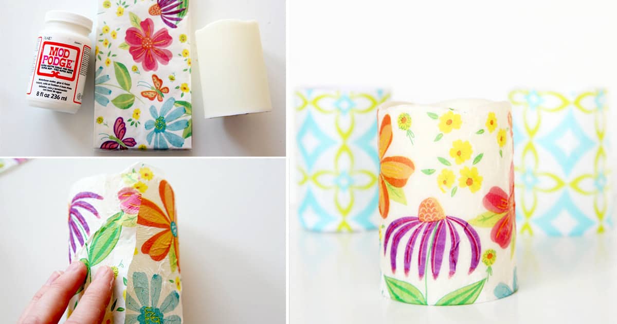 Floral decoupage candles with napkins Mod Podge Rocks