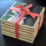 DIY photo coasters stacked and tied with a ribbon