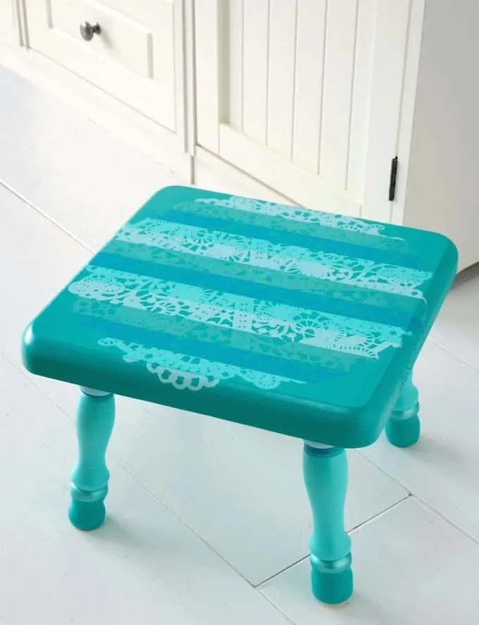 Painted Wooden Stool with a Doily Resist