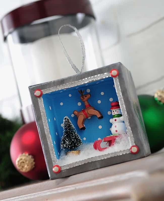 Use Mod Podge Silver Shimmer, holiday minis and a paper mache box to create a unique Christmas shadowbox ornament. This was so fun to make!