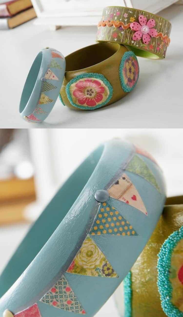 These DIY bracelets are so easy to personalize - just pick your favorite papers, paint, embellishments and Mod Podge to make amazing jewelry!