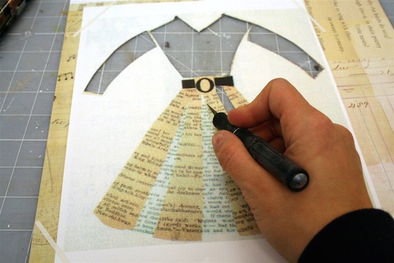 Cutting out the skirt from a dress design using a craft knife