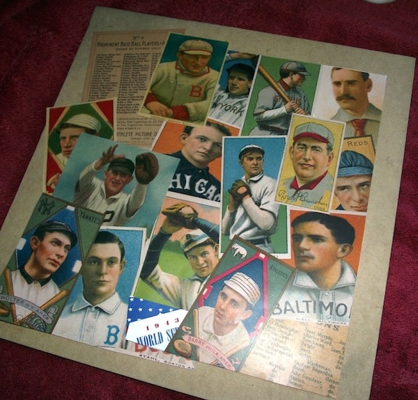 Collage of baseball cards and images on a wood table top