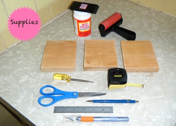 Plywood pieces, scissors, screwdriver, Mod Podge, tape measure, scissors, ruler, brayer, craft knife, and pencil