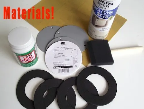 Electrical outlet covers, foam brush, Outdoor Mod Podge, and white spray paint