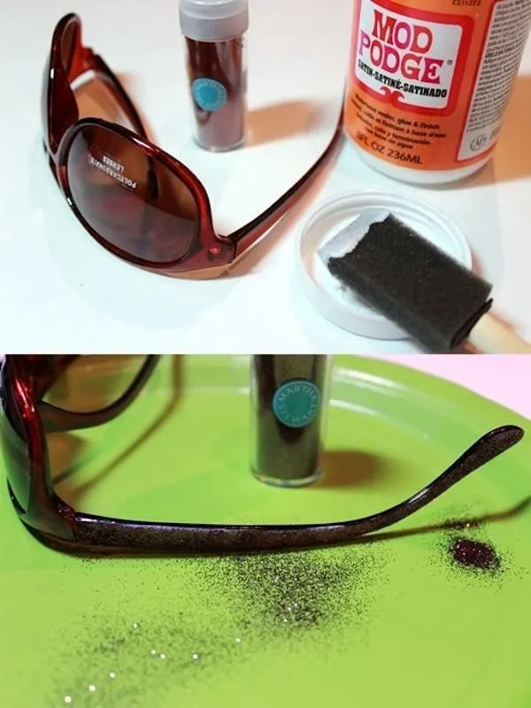 Applying glitter to the sides of sunglasses with Mod Podge