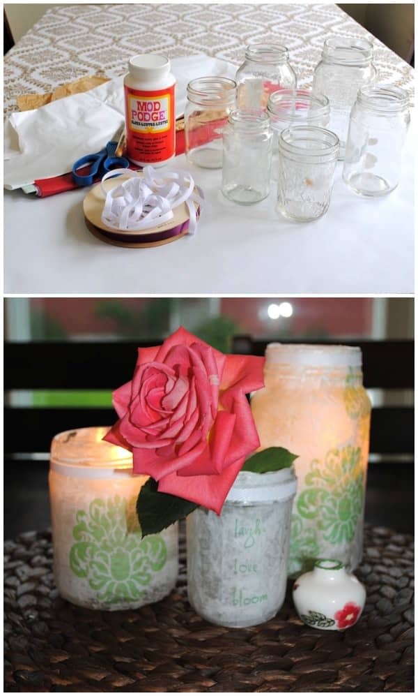 Tissue paper mason jar centerpieces Mod Podge Rocks