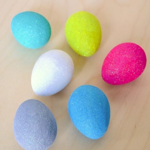Glitter eggs in white, pink, blue, purple, yellow, and aqua
