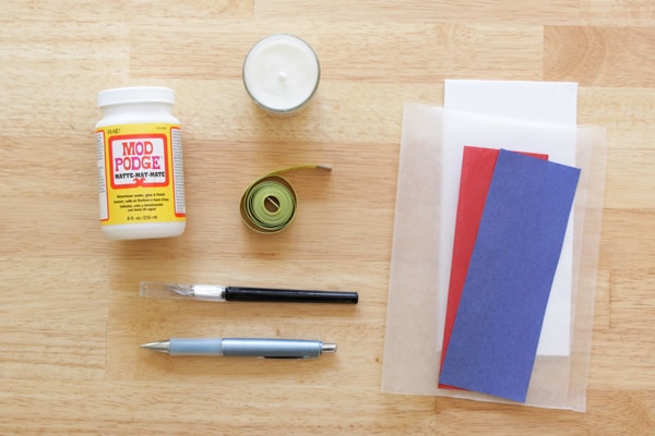 Mod Podge Matte, votive candle, tissue paper, measuring tape, pen, craft knife