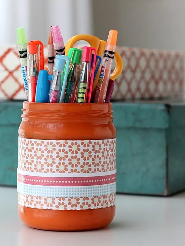 Pencil cup made from a recycled jar
