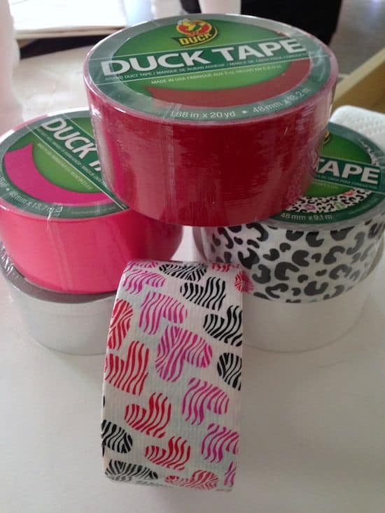 Duck tape rolls in pink, red, leopard print, and hearts