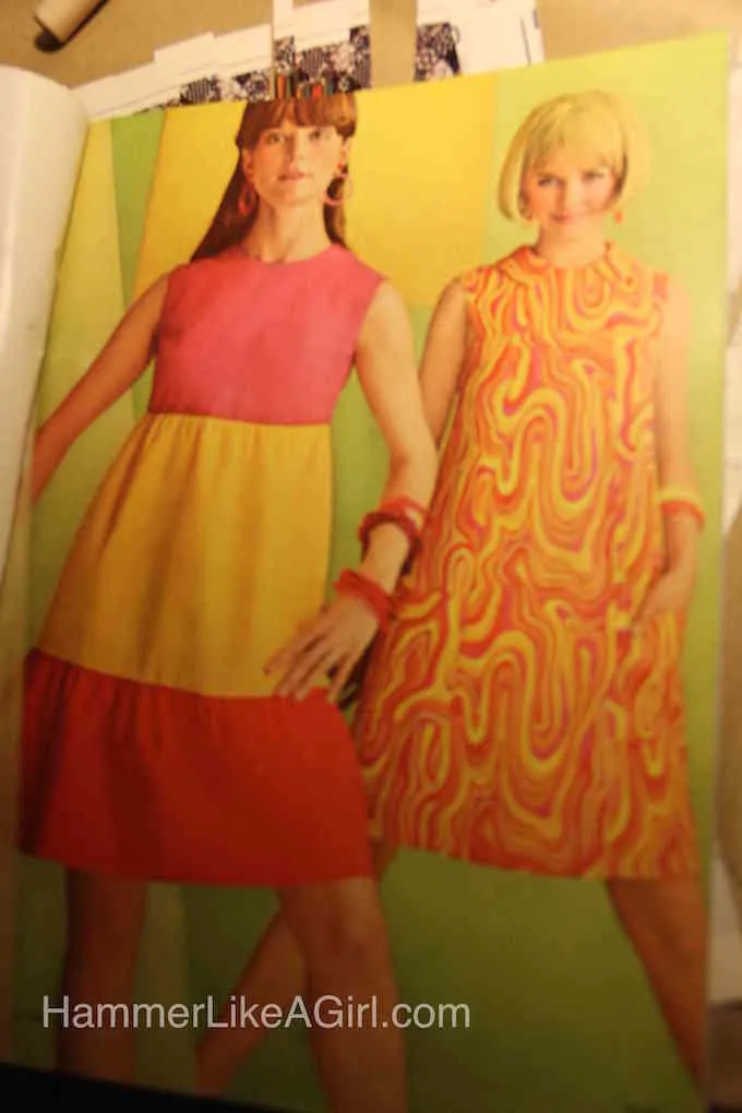 Vintage ad from a 1960s magazine with two women wearing colorful dresses