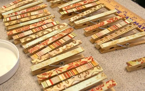 Clothespins covered in scrapbook paper and Mod Podge