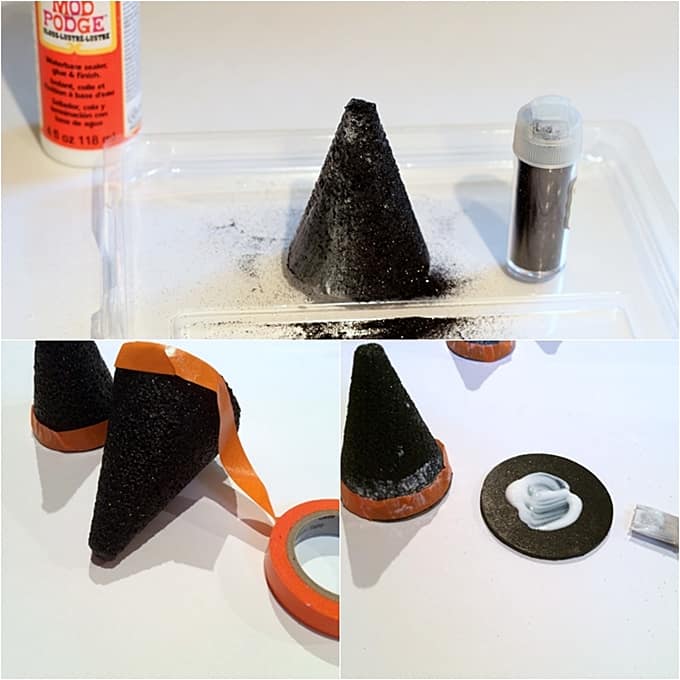 Glittering the foam cones using Mod Podge and black glitter