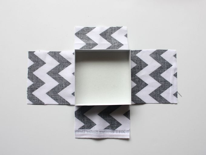 Box laying on top of black and white zig zag fabric with the corners cut out