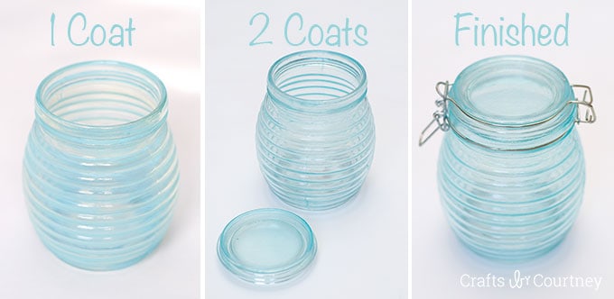 Coats of blue colored Mod Podge brushed onto a glass jar