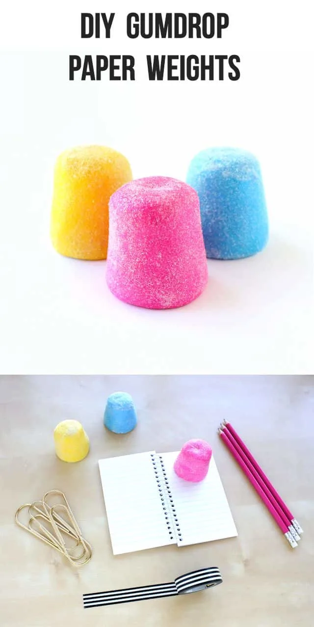 Learn how to turn air dry clay into unique gumdrop themed DIY paperweights. These are so sparkly and fun - and you can customize the colors!