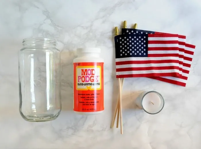DIY lanterns supplies - glass jar, Mod Podge, American flag