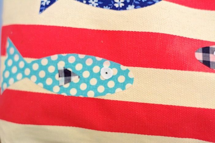 Close up of no sew patches on a tote