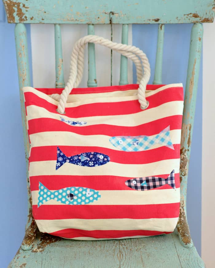DIY no sew patches on a striped tote