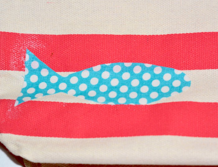 Fish patch attached to a canvas bag with Mod Podge