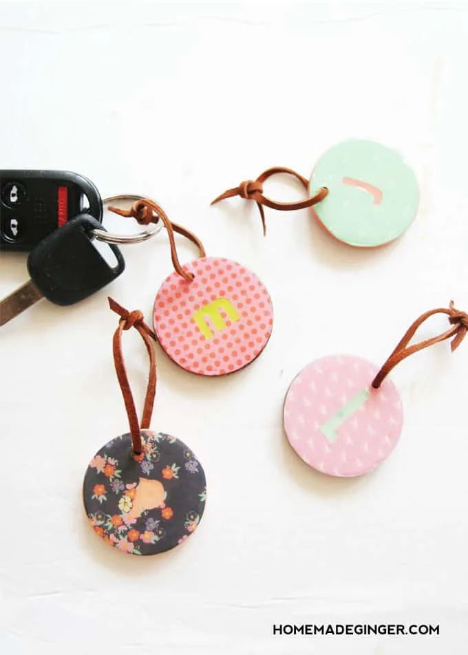DIY monogram keychains made with wood circles and Mod Podge