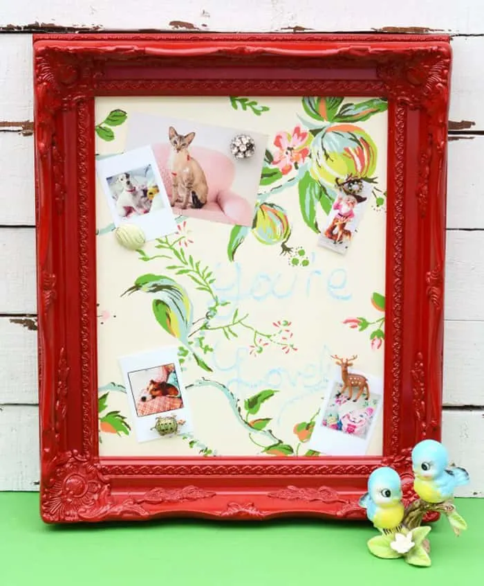 Use Mod Podge to make an easy vintage wallpaper covered magnetic chalkboard. This is perfect for keeping in the kitchen and organizing your family!