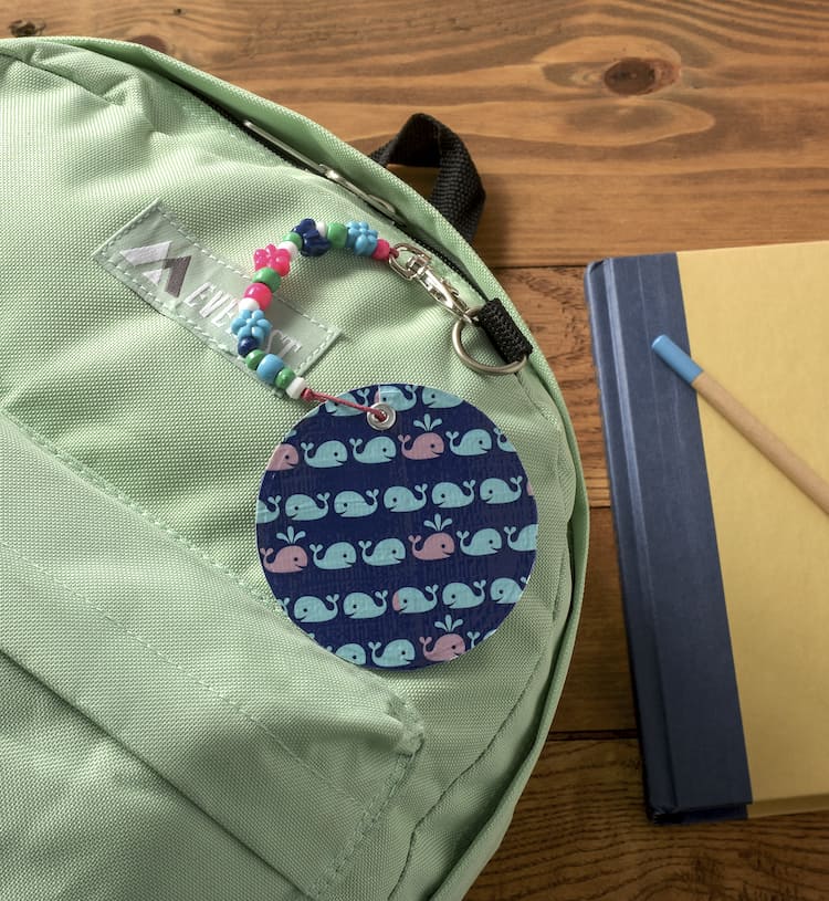 DIY backpack charm hanging from a backpack