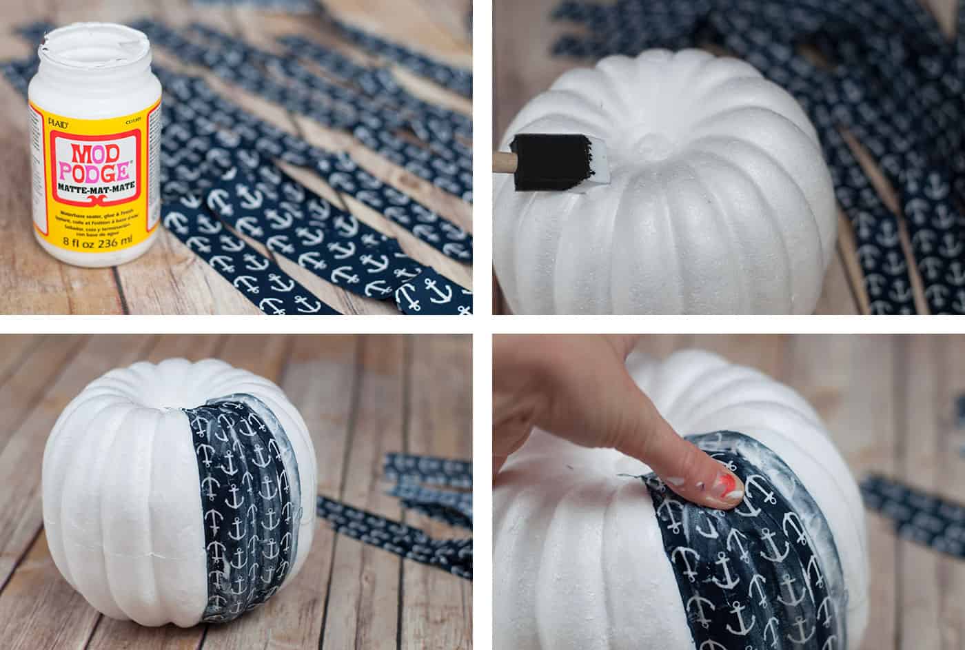 Attaching anchor fabric to a foam pumpkin with Mod Podge