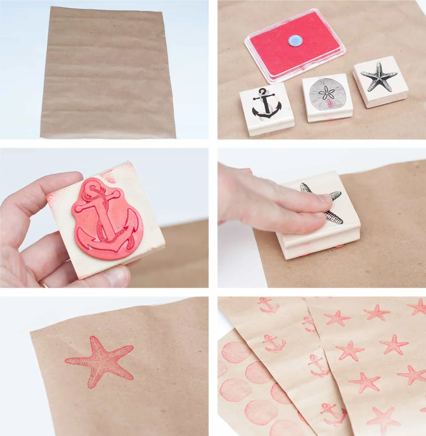 Stamping with stamps using red ink on brown kraft paper