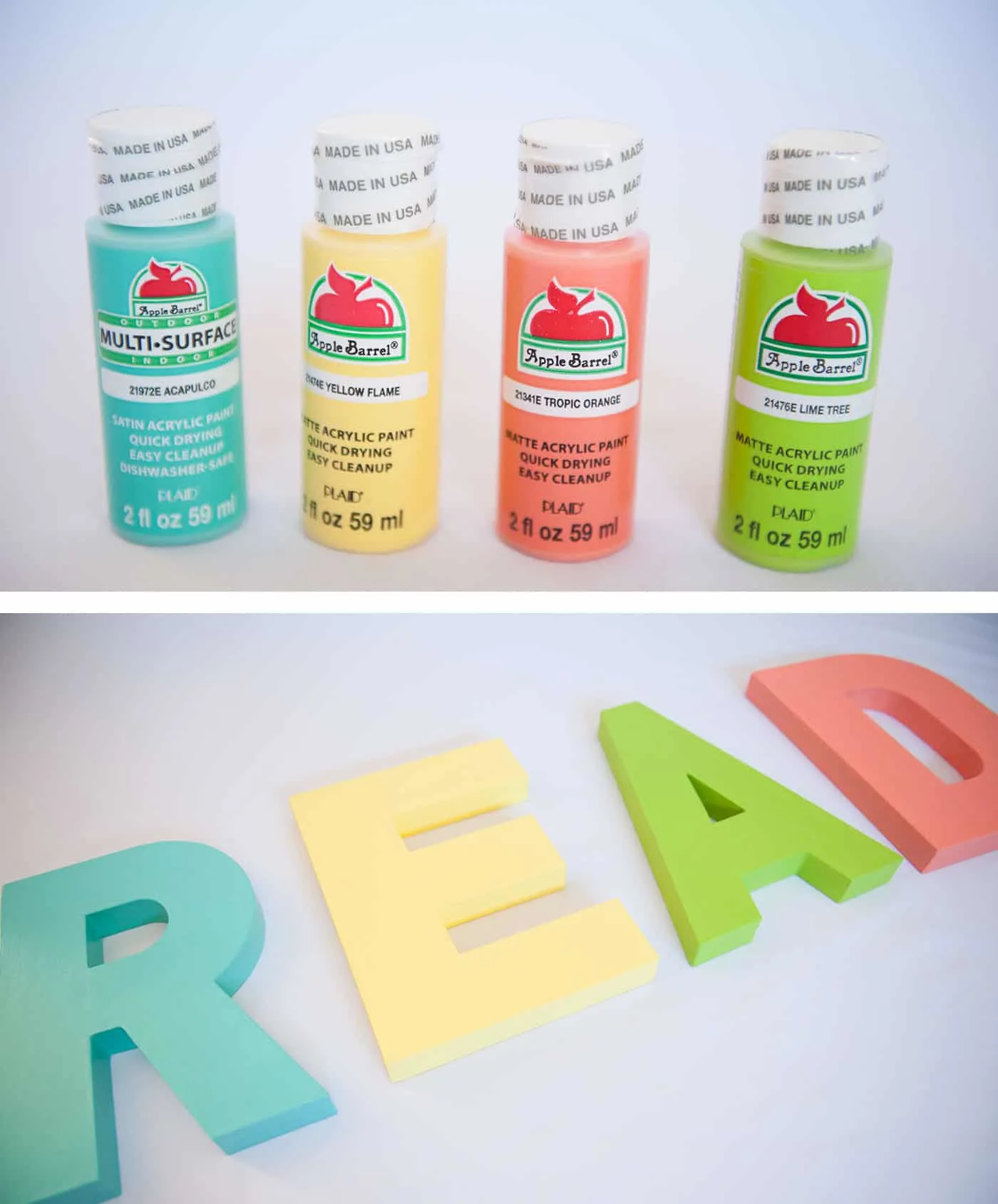Four bottles of paint in blue, yellow, orange, and lime with the letters READ painted in the same colors