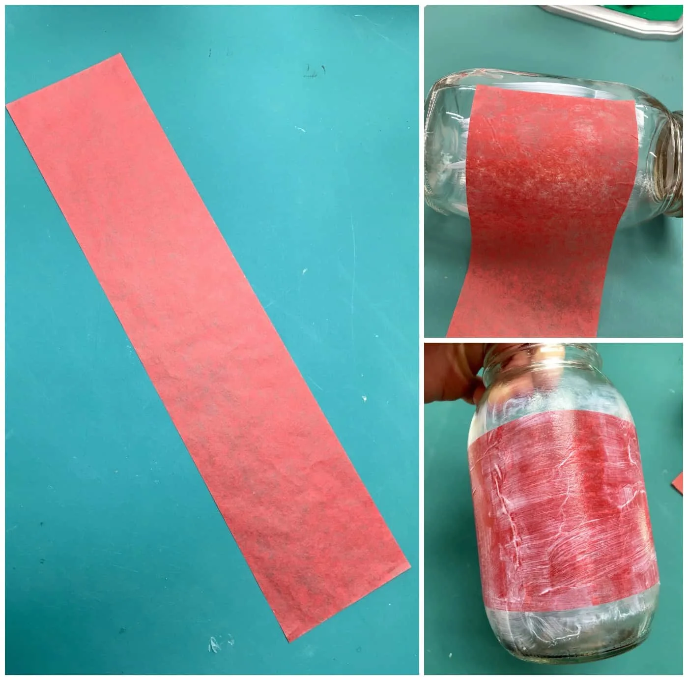 Wrapping red tissue paper around the center of a mason jar