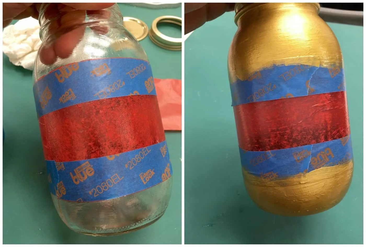 Taping off the jar with painter's tape and painting with gold paint