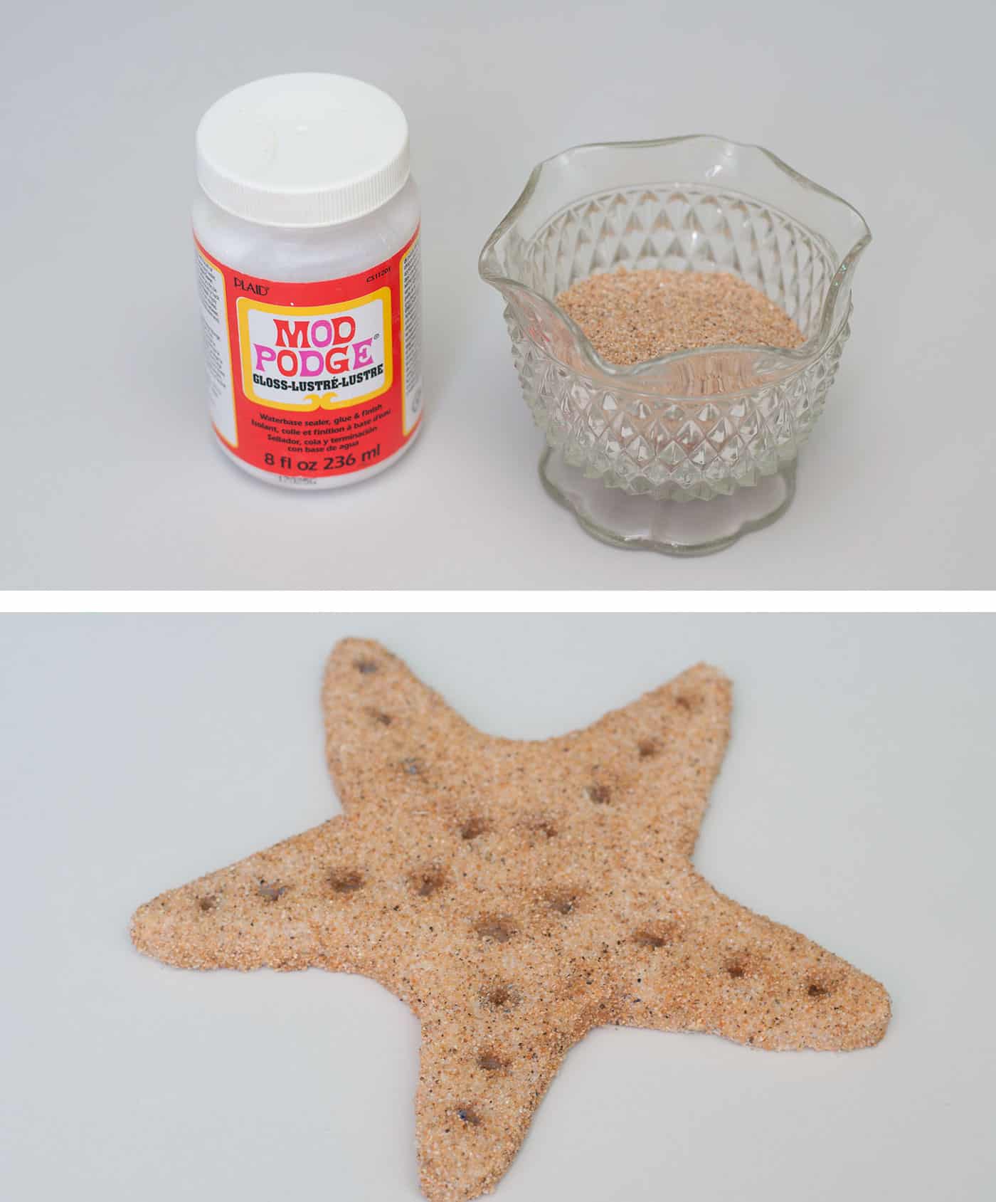 Bottle of Mod Podge and a glass bowl of sand as well as a starfish sprinkled in sand