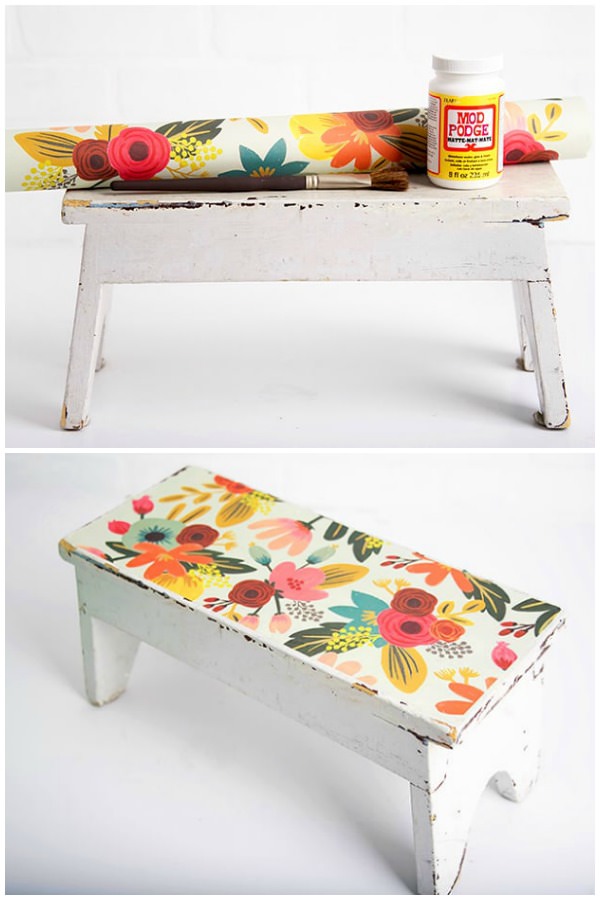Have a wooden stool that needs a makeover? I revamped an antique wood stool find with pretty paper and Mod Podge. This is a fun DIY project that is really EASY to do! You can use the same method for other furniture such as chairs, coffee tables, and more.
