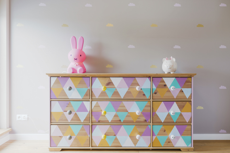 Painted dresser with a geometric pattern