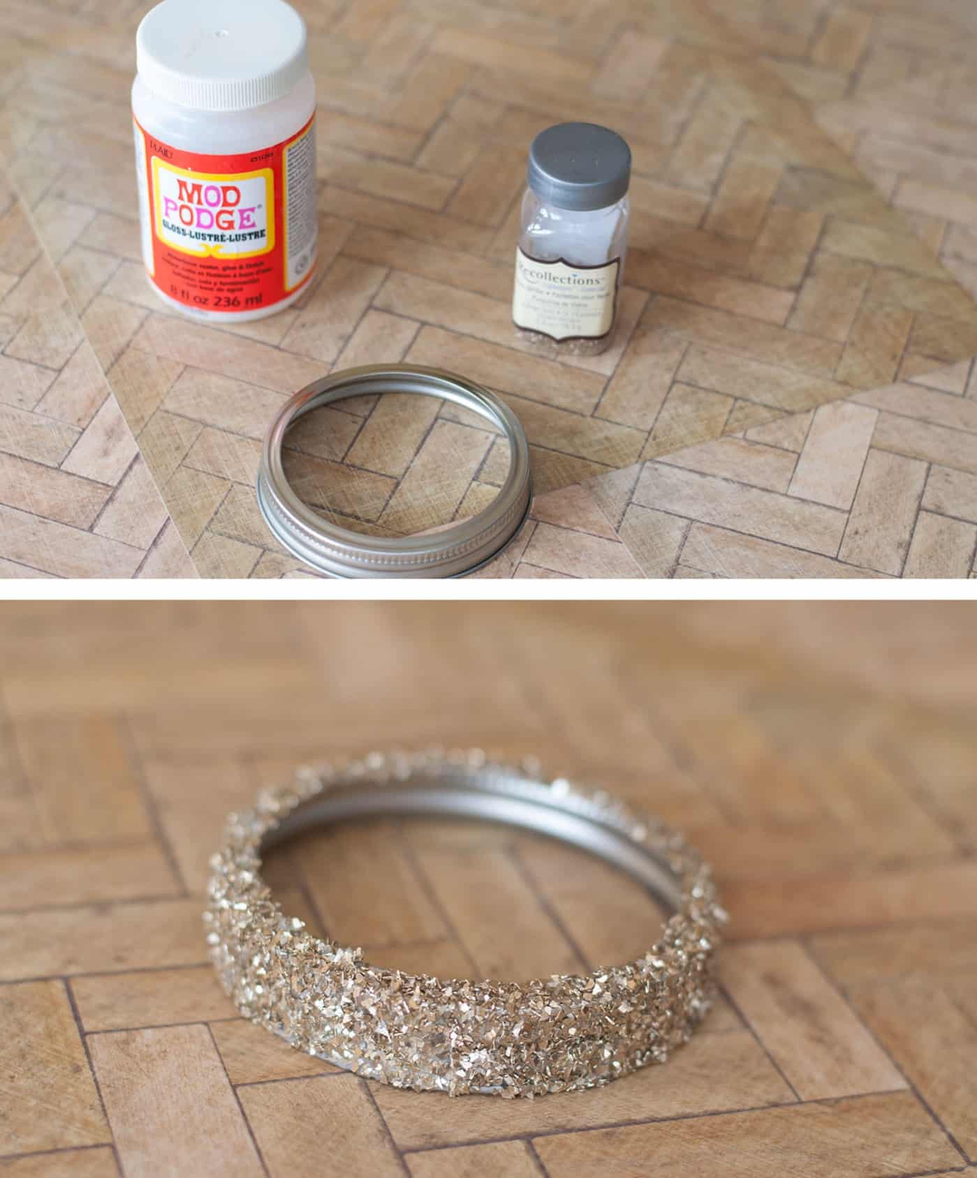 Mod Podge, a metal lid, and gold glitter