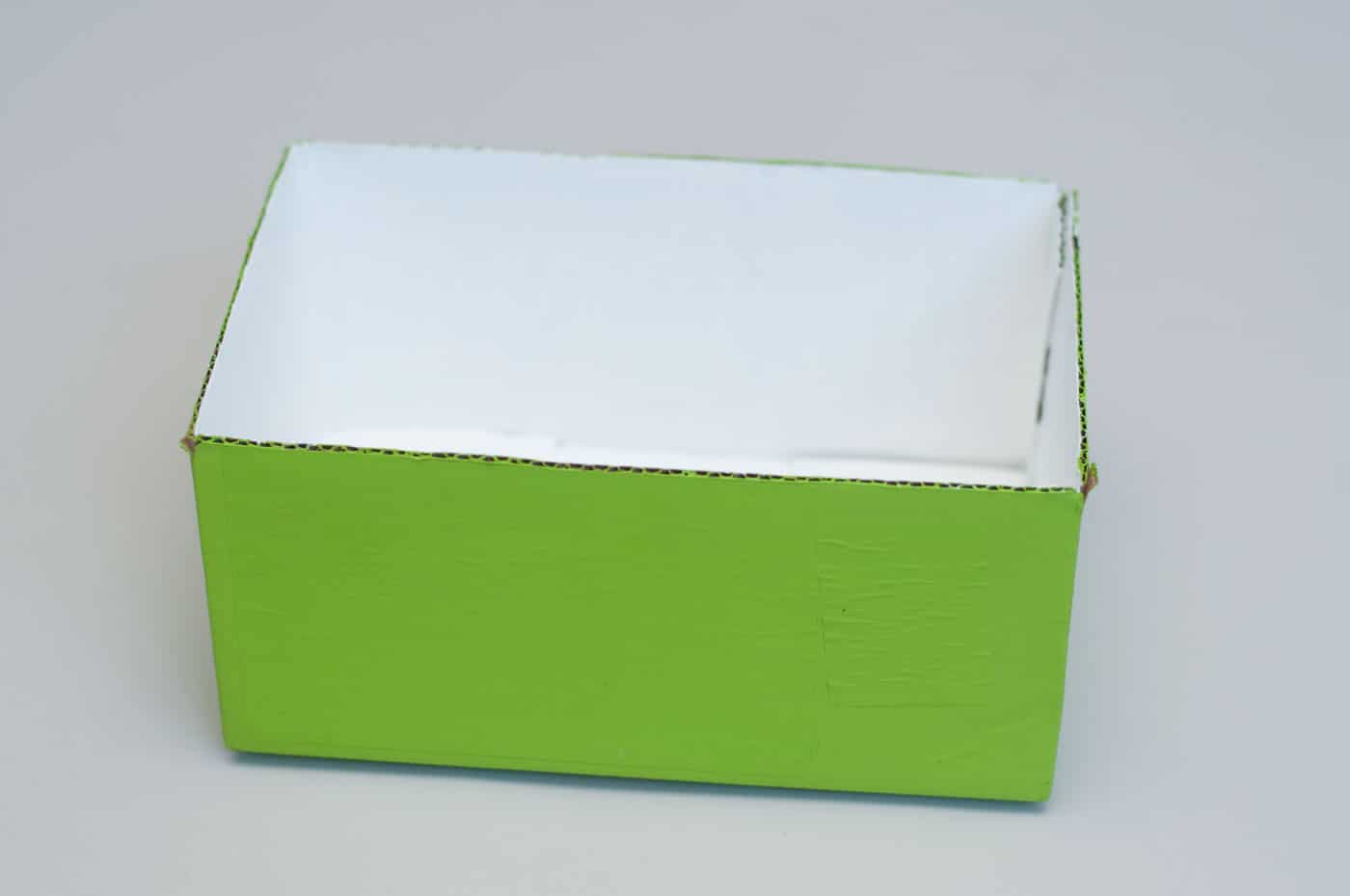 Cardboard box painted white on the inside and green on the outside