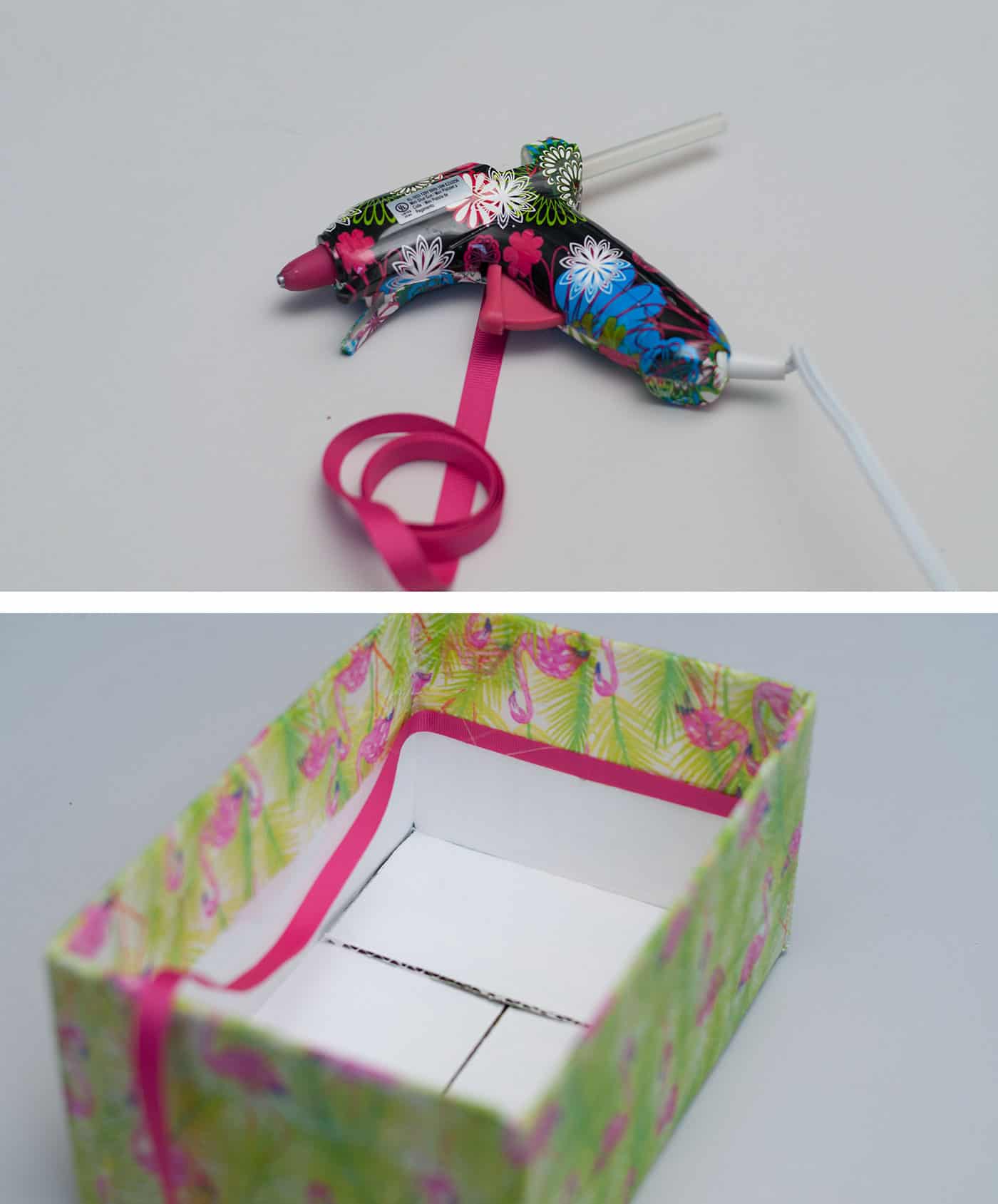 Applying ribbon trim to the box with a hot glue gun