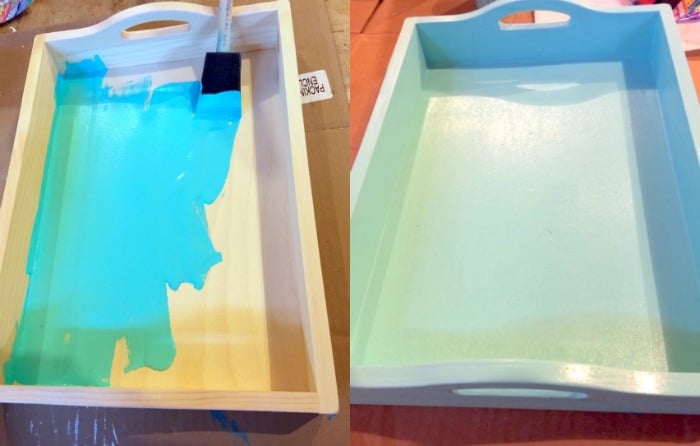 Tray painted with aqua acrylic paint