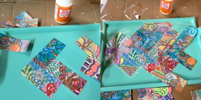 Mod Podging coloring pages to the inside of a wood tray