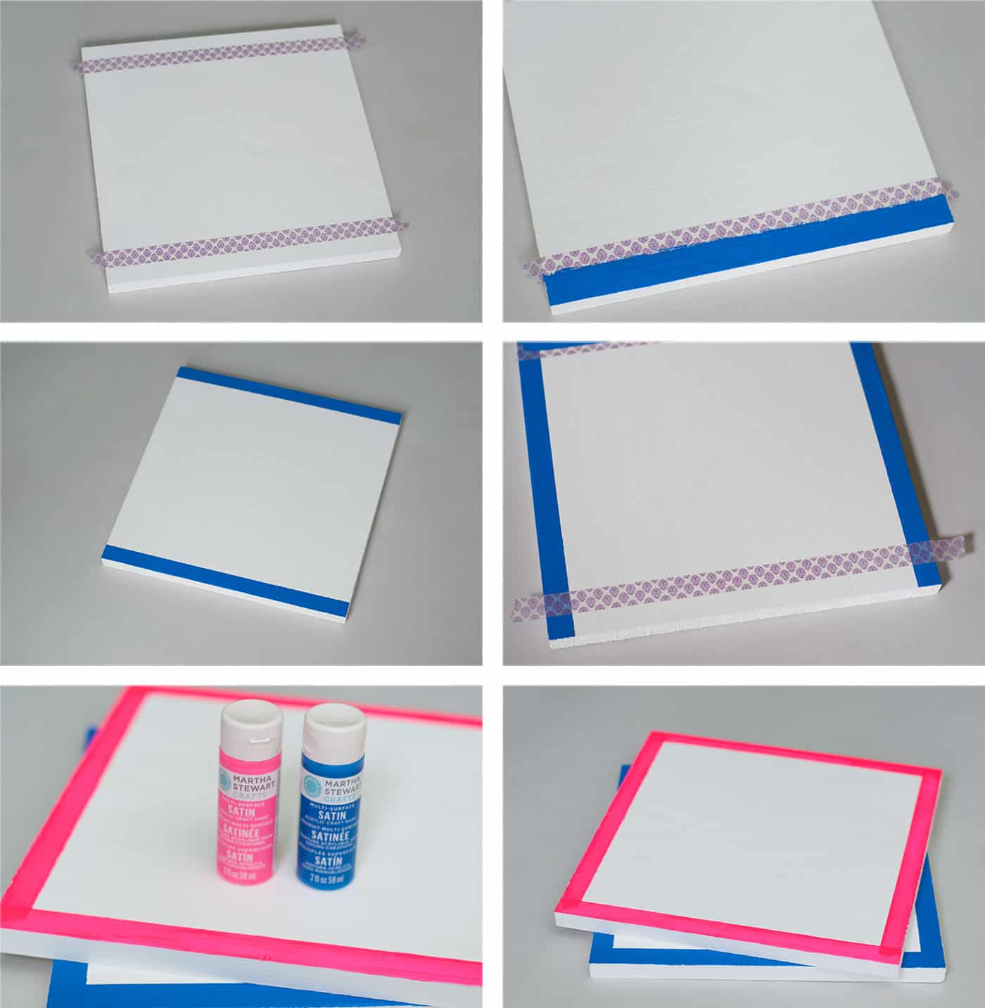 Taping off the edges of the white chalkboard and painting with pink and blue