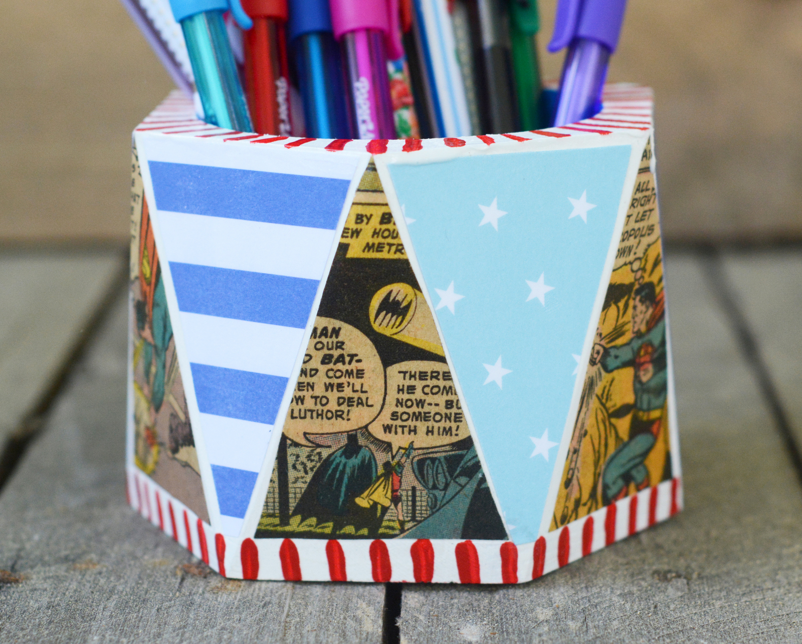 Vintage comic books pencil cup for Dad - Mod Podge Rocks