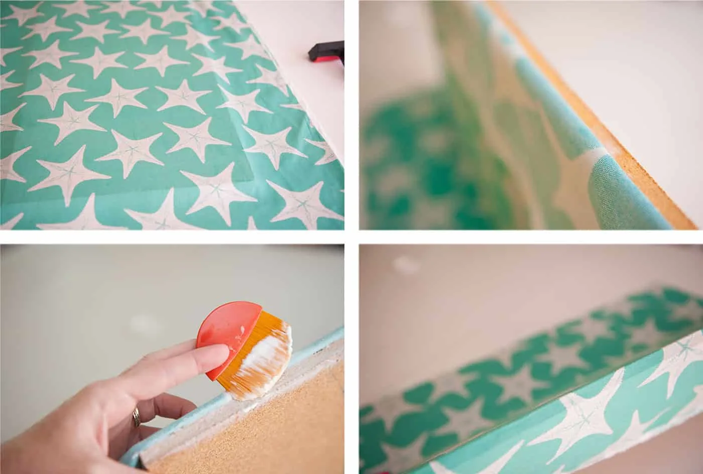 Add Mod Podge to the corkboard and wrap the fabric around the edges