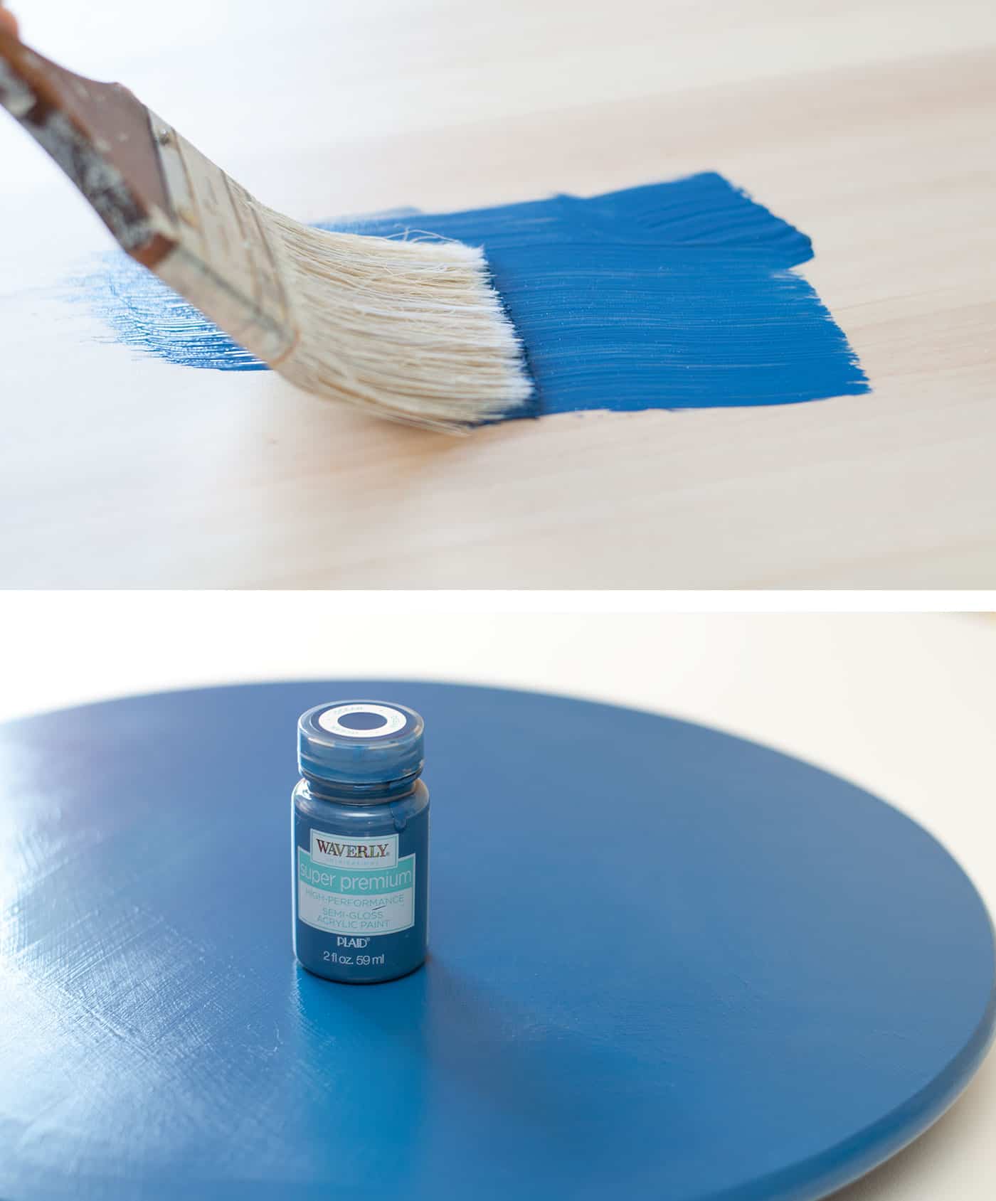 Painting the wood lazy susan with blue chalk paint