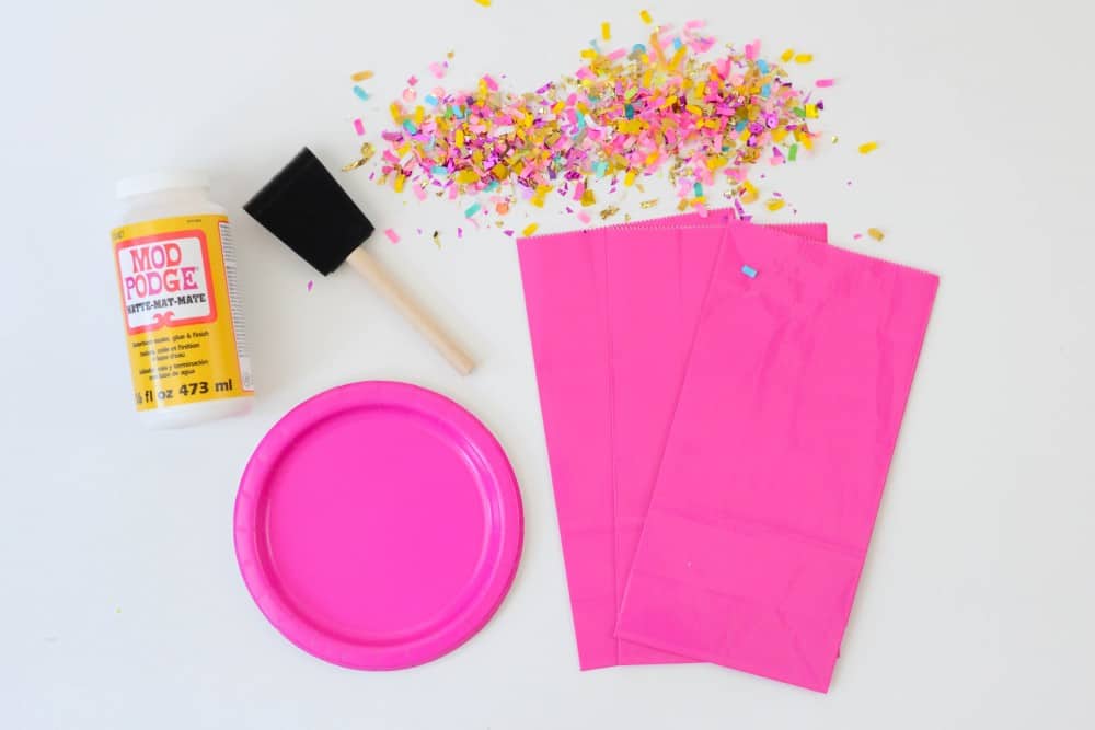Mod Podge Matte, pink plate, pink favor bags, foam brush, confetti