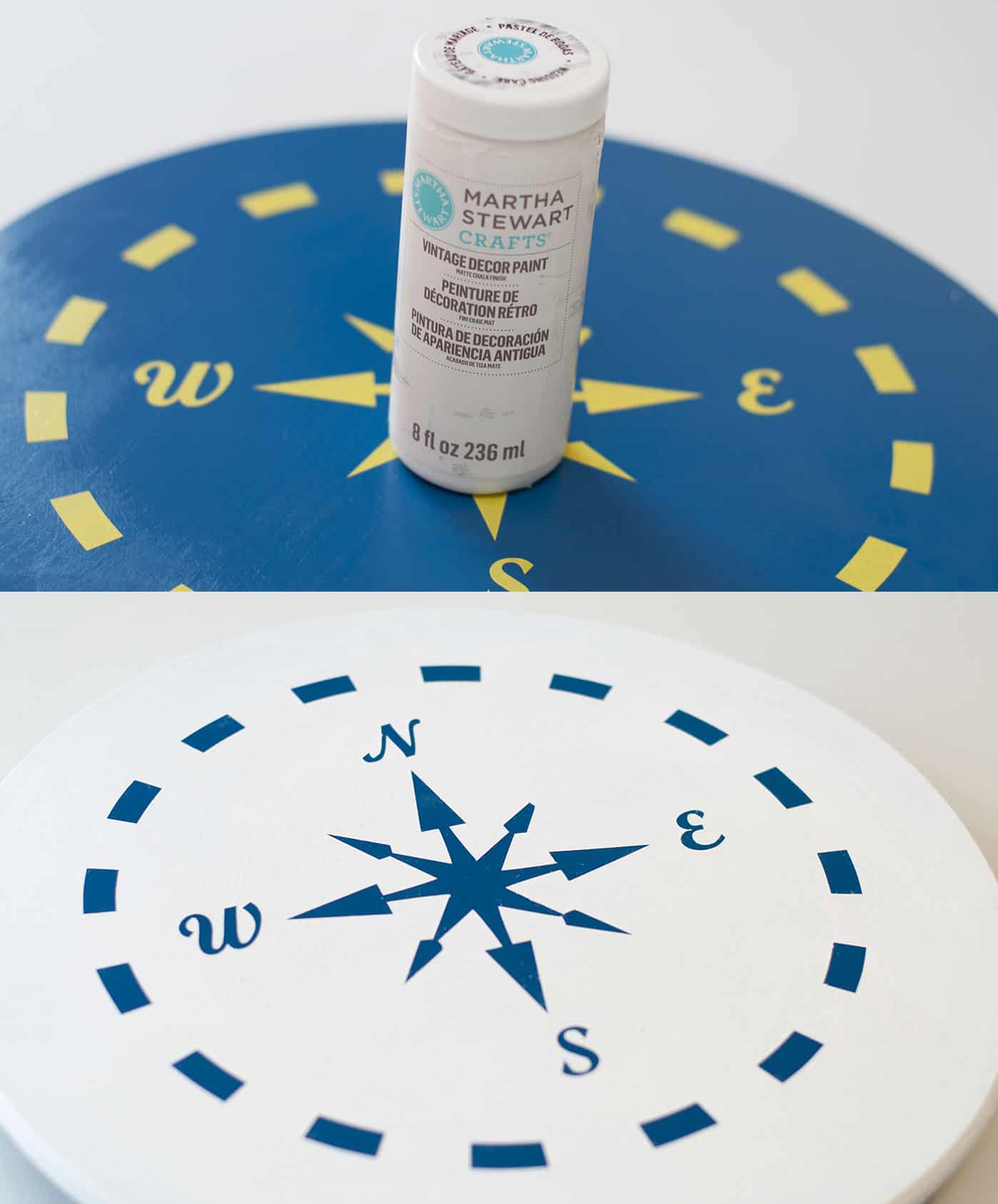 Painting over the stencil on the lazy susan with white chalk paint