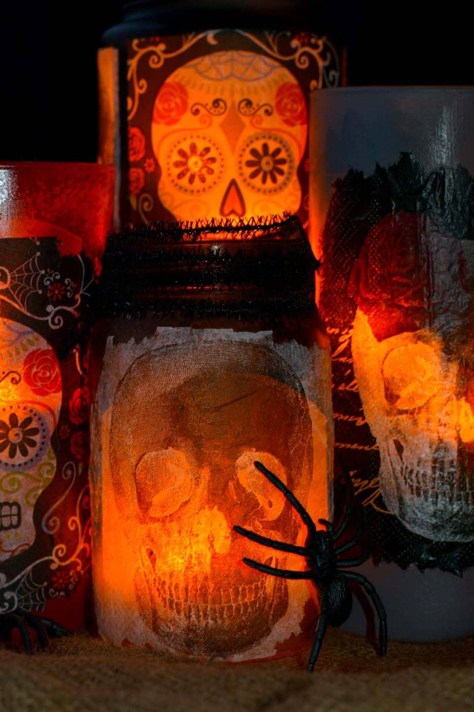 Do you love Day of the Dead crafts? Use napkins to create these unique decorative luminaries! So fun for Halloween and beyond.
