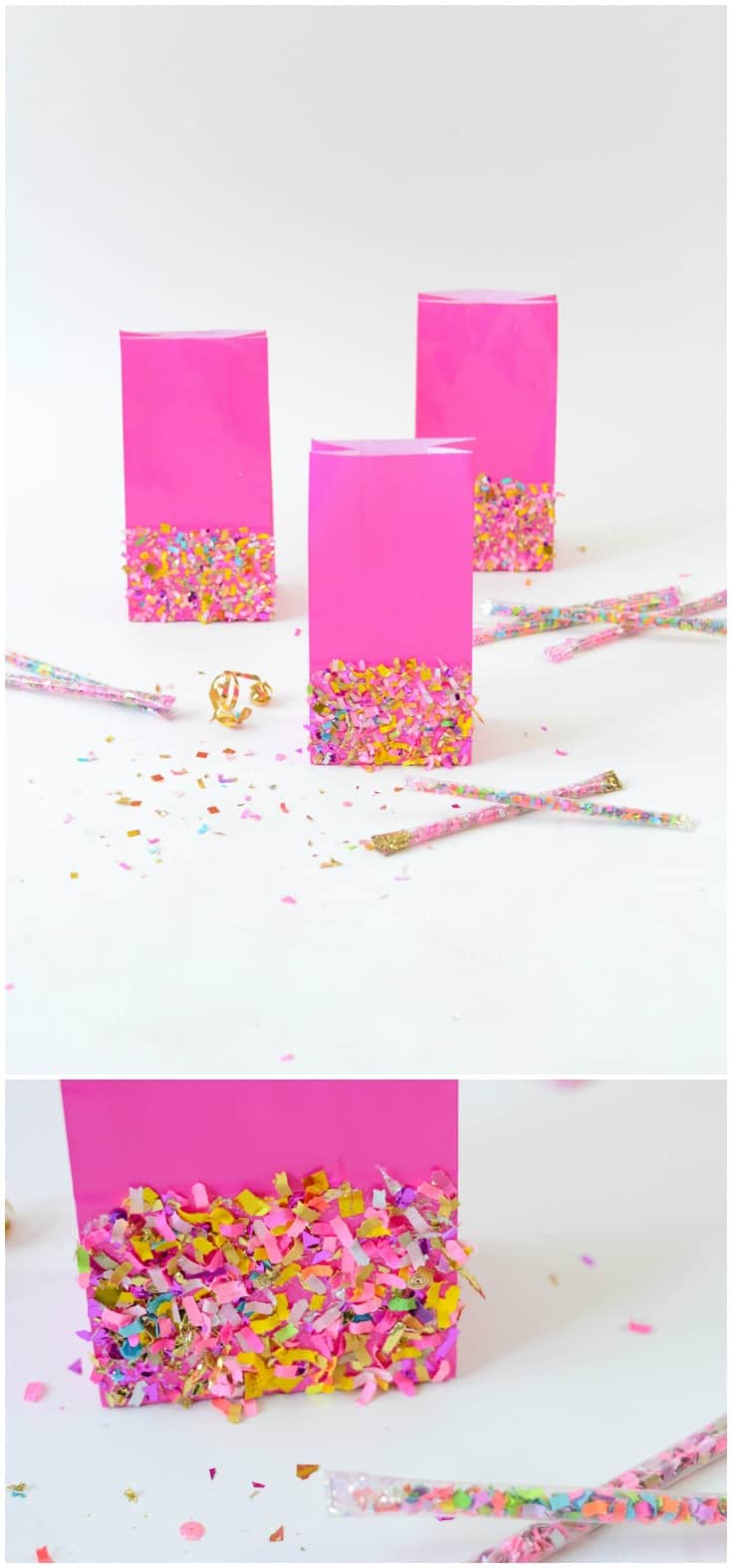 Take your party to the next level with these simple DIY goodie bags! They are so easy to make with colorful confetti and Mod Podge.