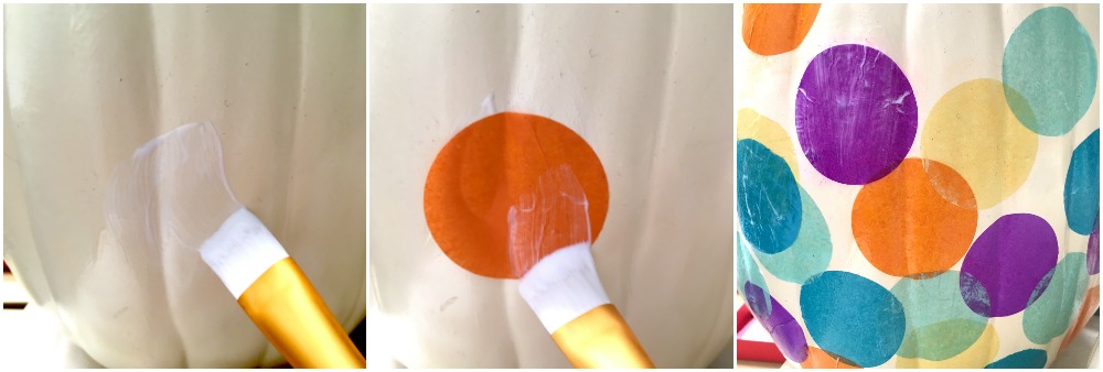 Adding tissue paper circles to a faux pumpkin using Mod Podge